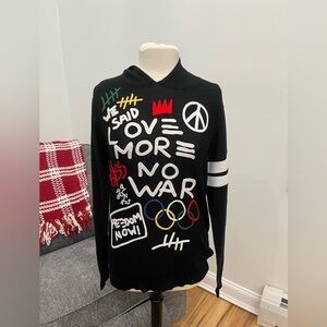 Rare RON BASS Hooded Black‎ Sweater Embroider Graffiti Olympics No War
